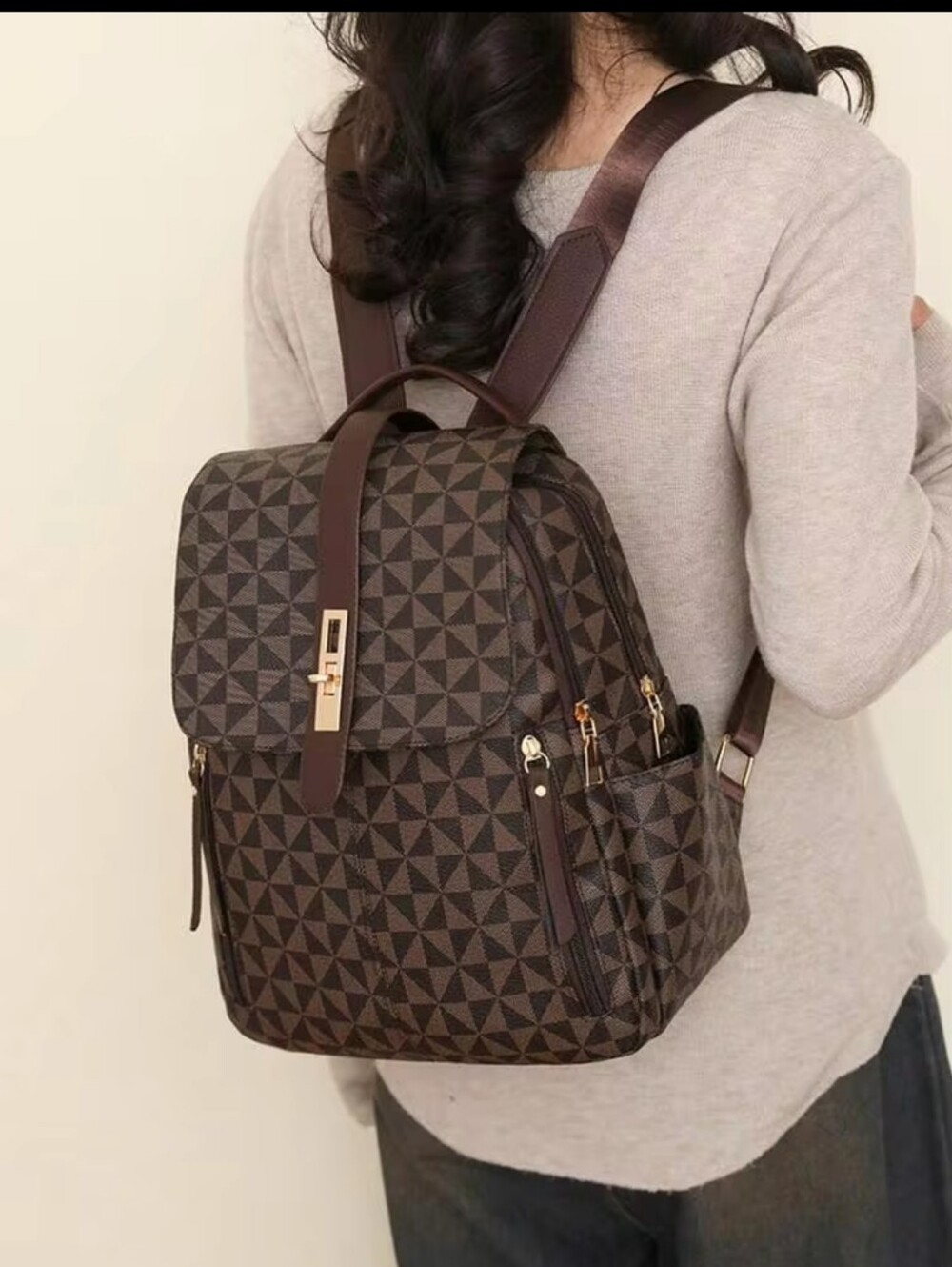 NWOT Brown Geometric Pattern Bag Backpack